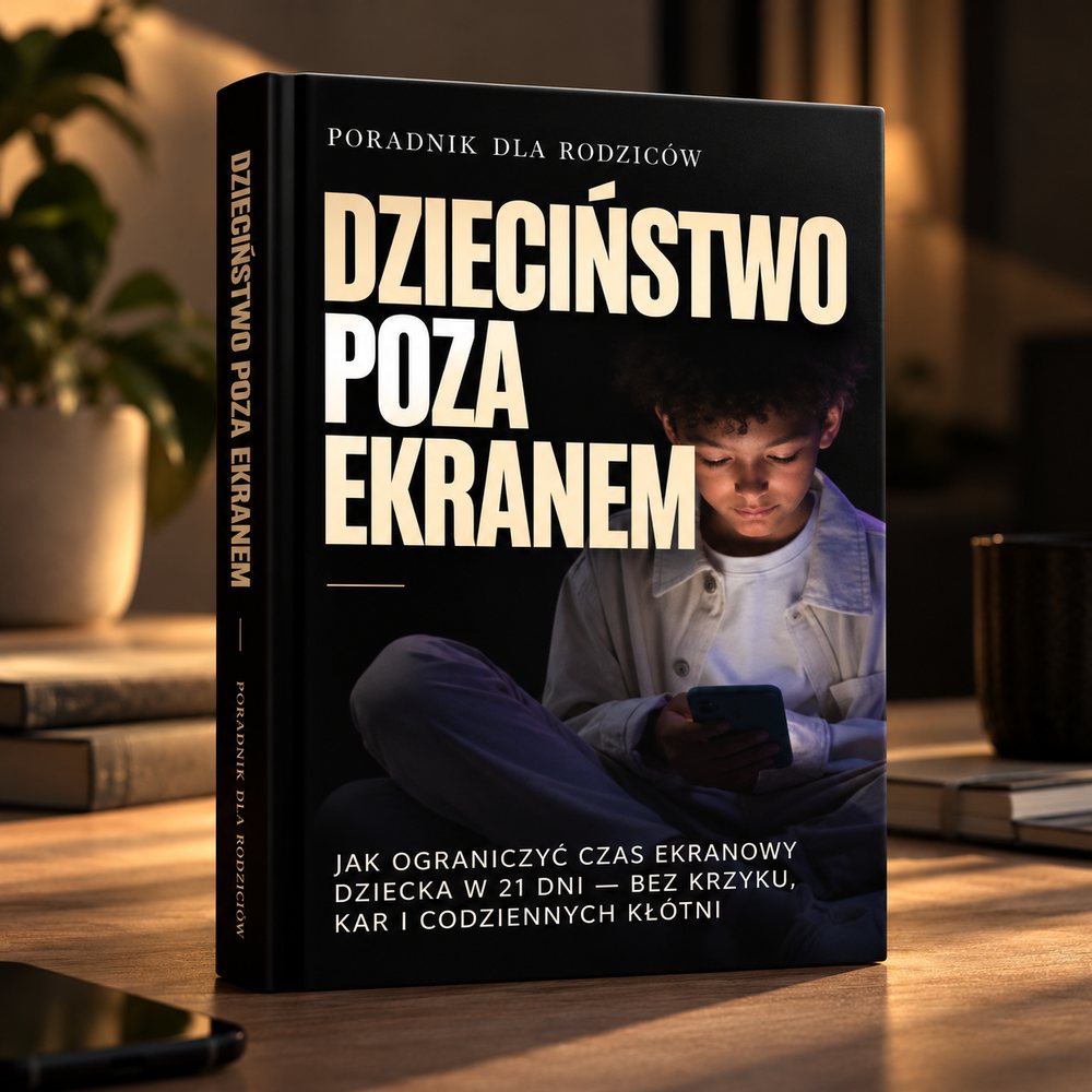 Okładka ebooka Dzieciństwo poza ekranem w twardej oprawie na drewnianym biurku, obok telefon