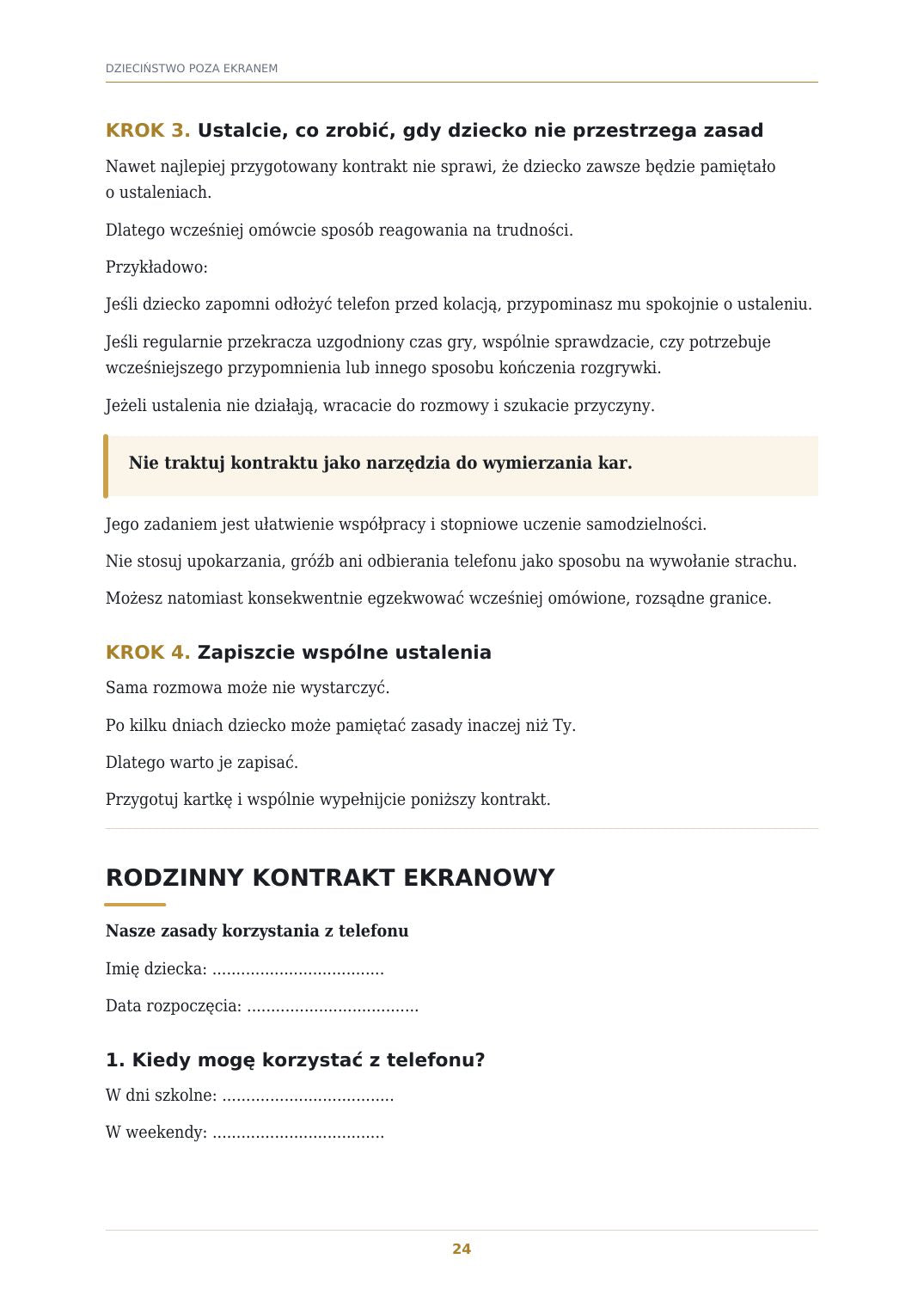 Strona ebooka: rodzinny kontrakt ekranowy do wypełnienia