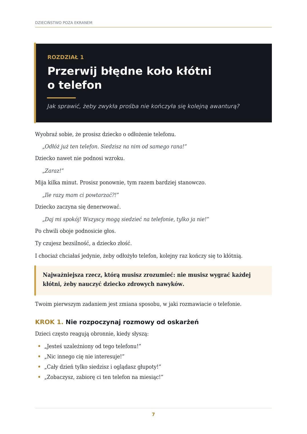 Strona ebooka: początek rozdziału 1, rozmowa z dzieckiem o telefonie
